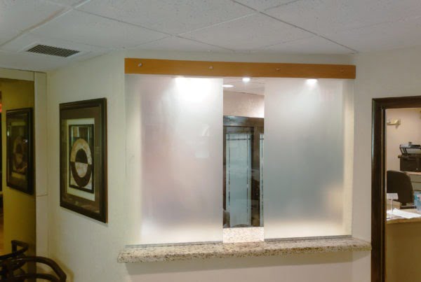 reception desk with frosted glass