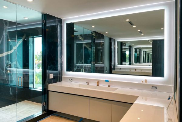 Modern bathroom interior with big mirror
