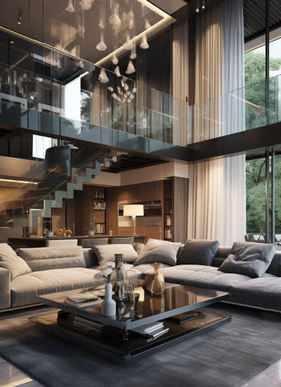 Modern two-story living room interior with large windows, floating staircase, and contemporary furniture.