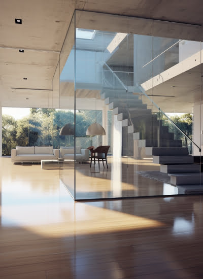 Modern interior with glass walls and a floating staircase.