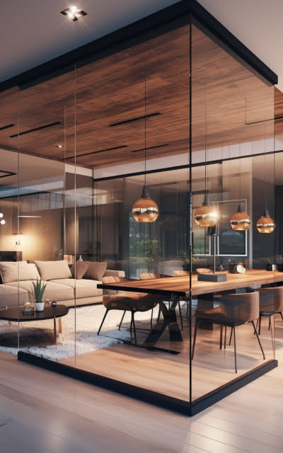Modern open-plan living space with glass partition, featuring a dining area and a lounge with warm lighting.