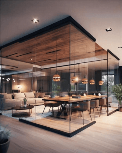 Modern space with a sleek glass-enclosed room